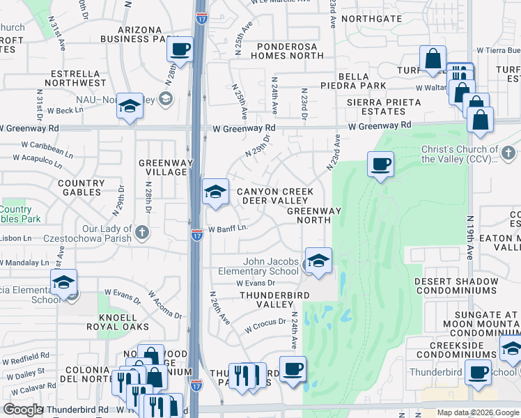 map of restaurants, bars, coffee shops, grocery stores, and more near 14814 North 24th Drive in Phoenix