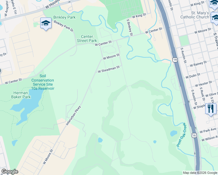 map of restaurants, bars, coffee shops, grocery stores, and more near 1215 South Holly Avenue in Sherman