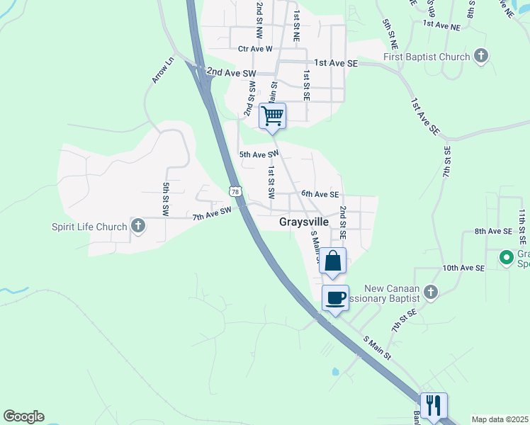 map of restaurants, bars, coffee shops, grocery stores, and more near 90 7th Court Southwest in Graysville