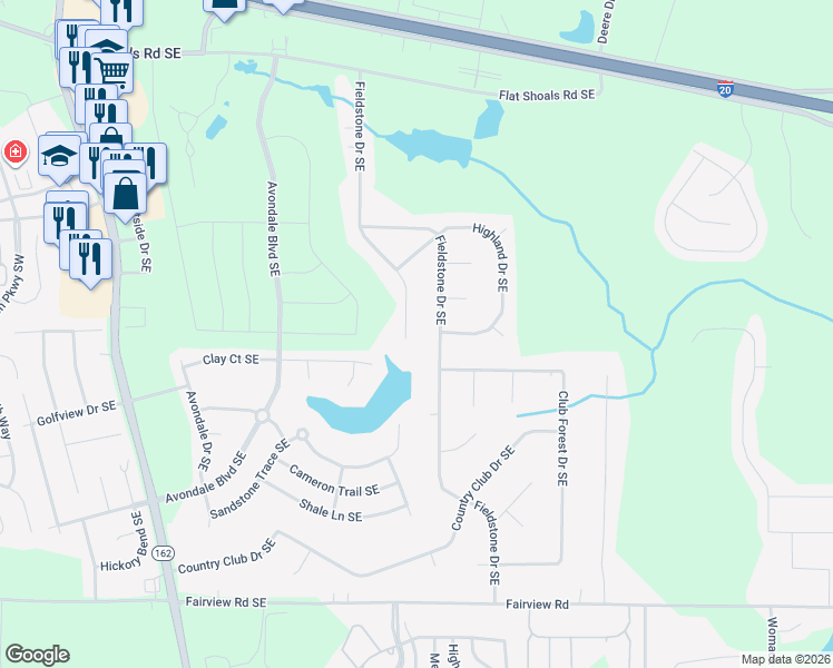 map of restaurants, bars, coffee shops, grocery stores, and more near 2571 Highland Golf Course Circle Southeast in Conyers