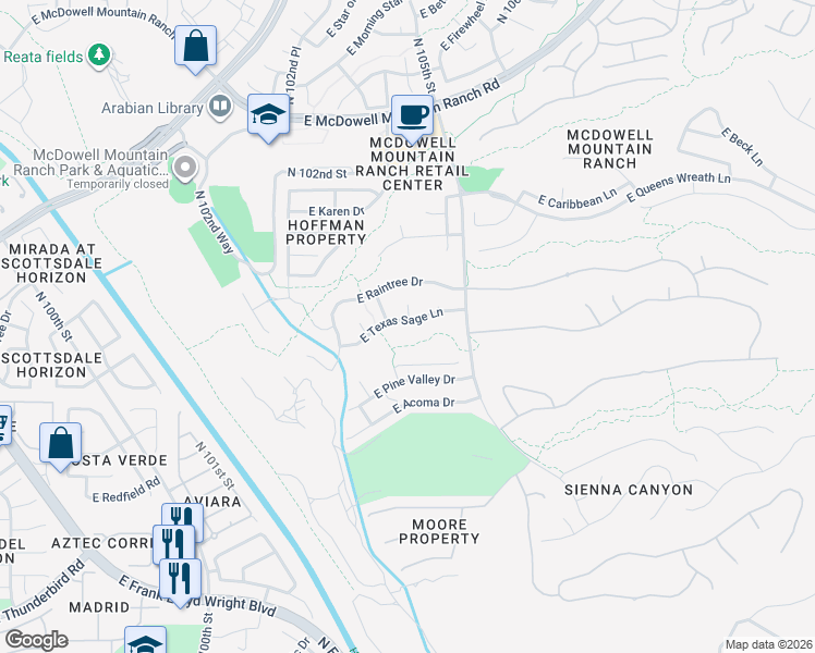 map of restaurants, bars, coffee shops, grocery stores, and more near 10429 East Texas Sage Lane in Scottsdale