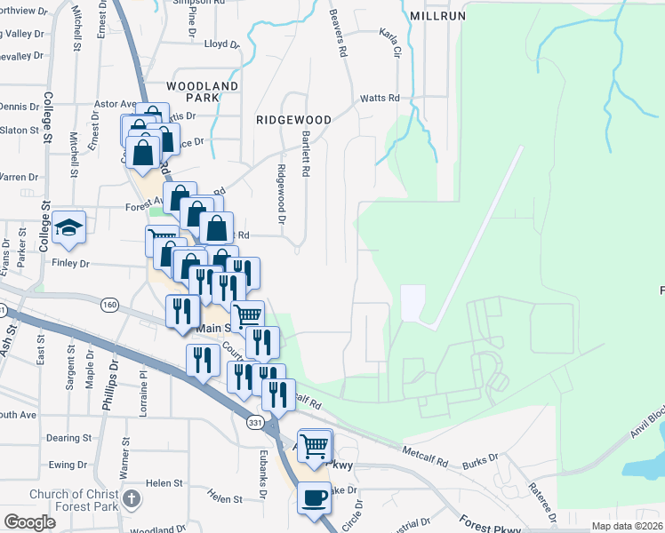 map of restaurants, bars, coffee shops, grocery stores, and more near 4900 Pinedale Drive in Forest Park