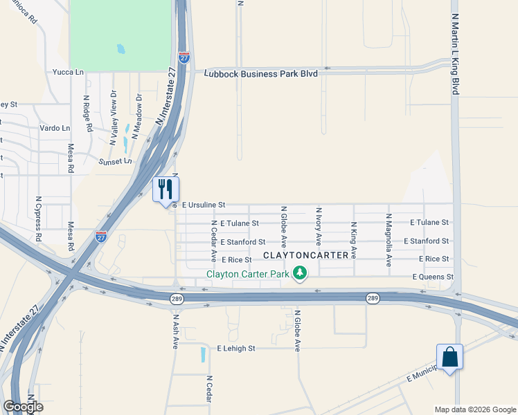 map of restaurants, bars, coffee shops, grocery stores, and more near 508 East Ursuline Street in Lubbock