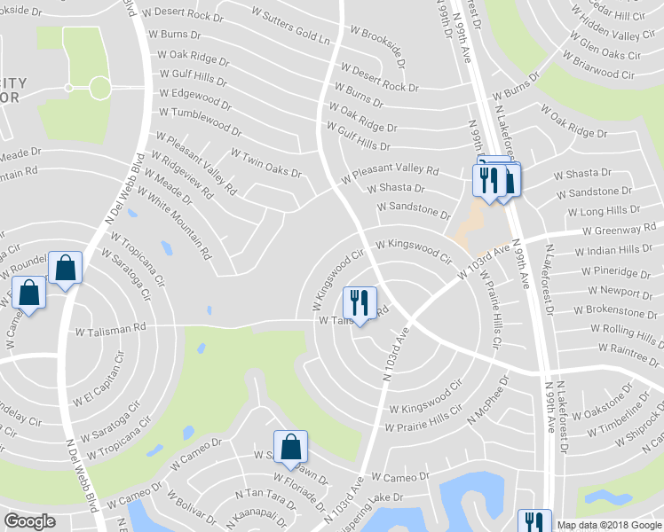 map of restaurants, bars, coffee shops, grocery stores, and more near 10420 West Kingswood Circle in Sun City