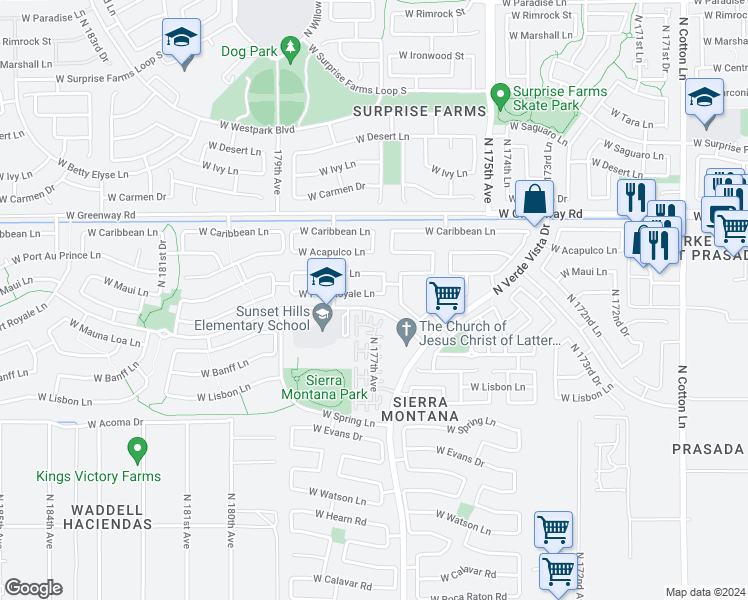 map of restaurants, bars, coffee shops, grocery stores, and more near 17717 West Port Royale Lane in Surprise