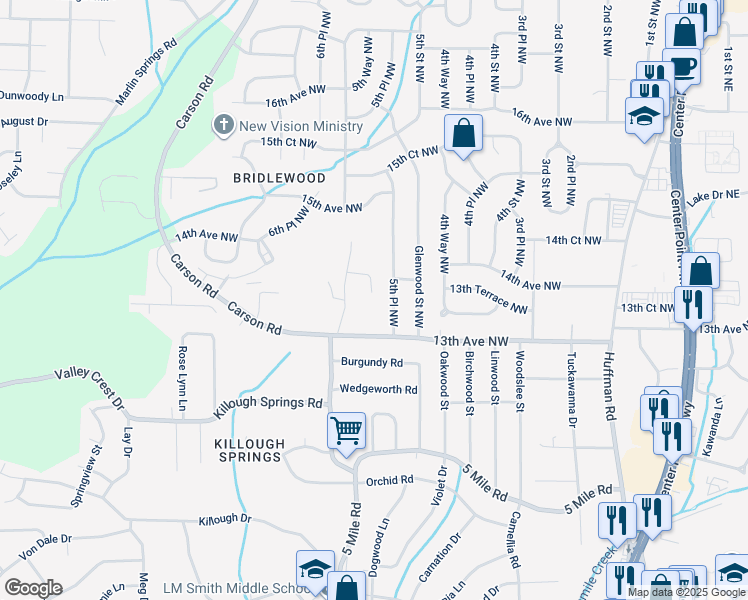 map of restaurants, bars, coffee shops, grocery stores, and more near 533 Erin Lane in Birmingham