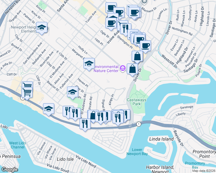 map of restaurants, bars, coffee shops, grocery stores, and more near 619 Saint James Road in Newport Beach