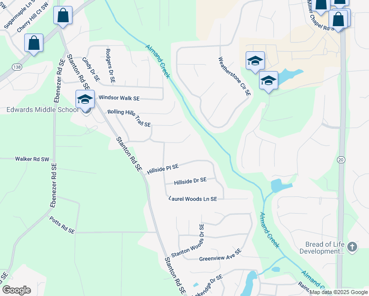 map of restaurants, bars, coffee shops, grocery stores, and more near 1571 Marshall Lane Southeast in Conyers