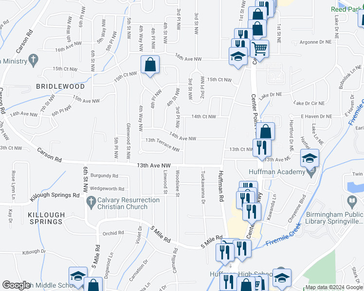 map of restaurants, bars, coffee shops, grocery stores, and more near 1316 2nd Street Northwest in Center Point