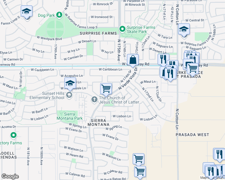 map of restaurants, bars, coffee shops, grocery stores, and more near 17519 West Port Royale Lane in Surprise