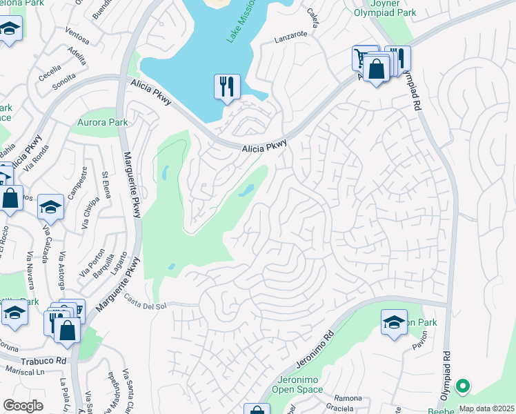 map of restaurants, bars, coffee shops, grocery stores, and more near 23611 Vía Storni in Mission Viejo