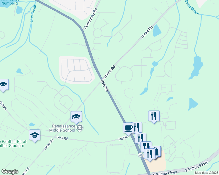 map of restaurants, bars, coffee shops, grocery stores, and more near 4900 Georgia 92 in Fairburn