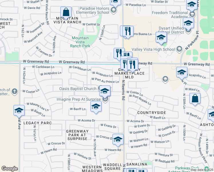 map of restaurants, bars, coffee shops, grocery stores, and more near 15598 West Maui Lane in Surprise