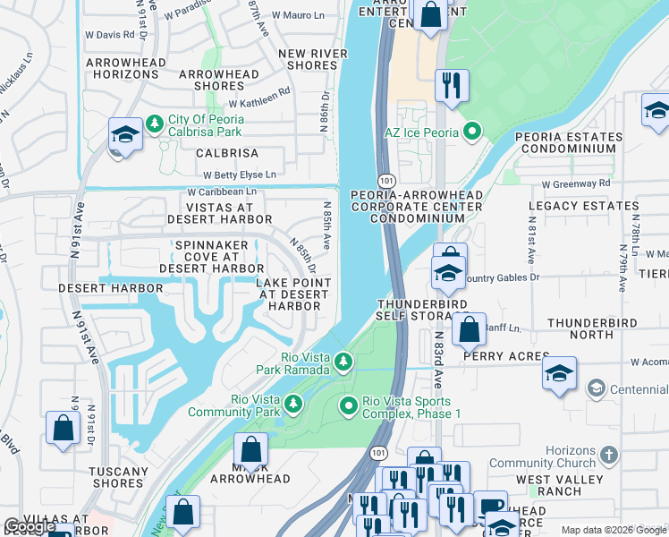 map of restaurants, bars, coffee shops, grocery stores, and more near 8502 West Country Gables Drive in Peoria