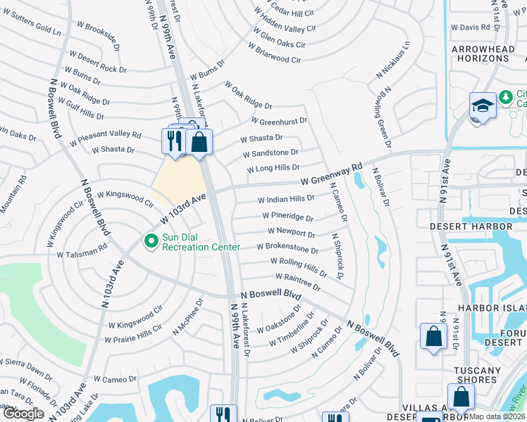 map of restaurants, bars, coffee shops, grocery stores, and more near 9620 West Pineridge Drive in Sun City