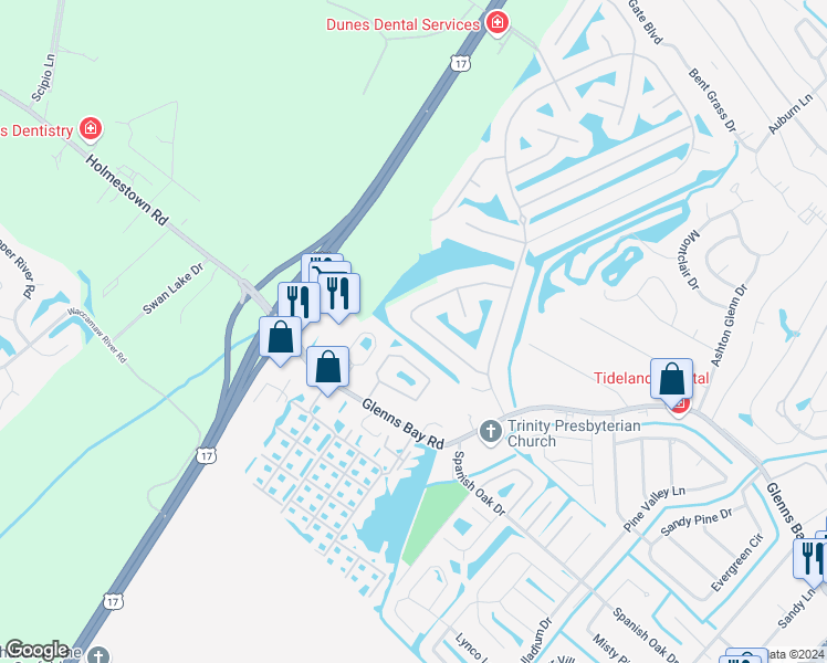 map of restaurants, bars, coffee shops, grocery stores, and more near 649 Evers Loop in Surfside Beach