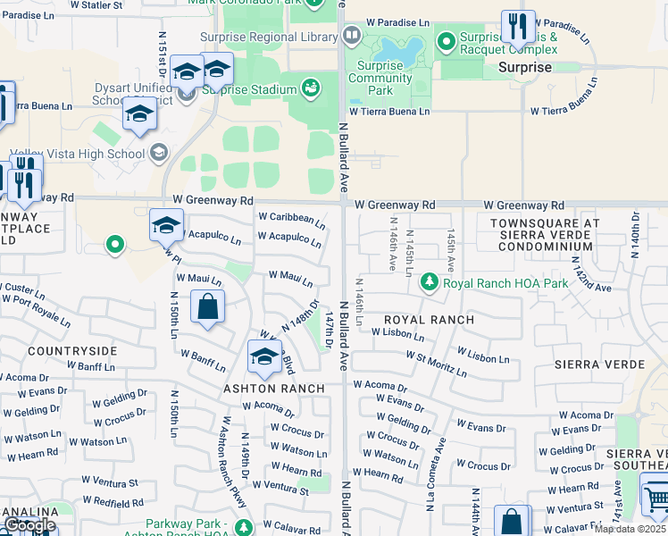 map of restaurants, bars, coffee shops, grocery stores, and more near 15081 North 147th Drive in Surprise