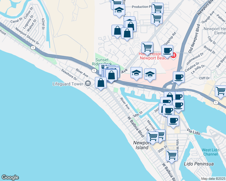 map of restaurants, bars, coffee shops, grocery stores, and more near 4404 Channel Place in Newport Beach