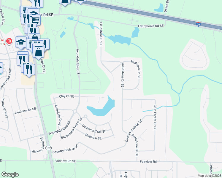map of restaurants, bars, coffee shops, grocery stores, and more near 2571 Highland Golf Course Circle Southeast in Conyers