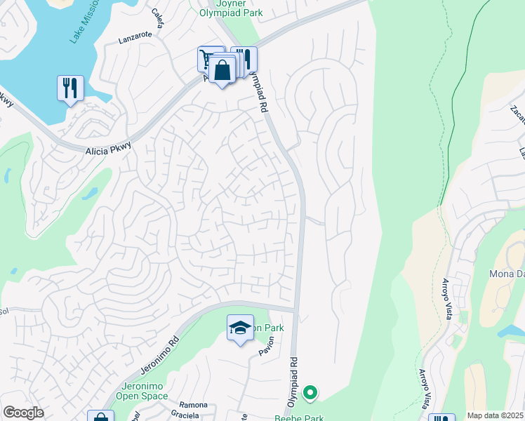 map of restaurants, bars, coffee shops, grocery stores, and more near 28525 Barbosa in Mission Viejo