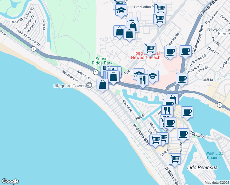map of restaurants, bars, coffee shops, grocery stores, and more near 4404 Channel Place in Newport Beach