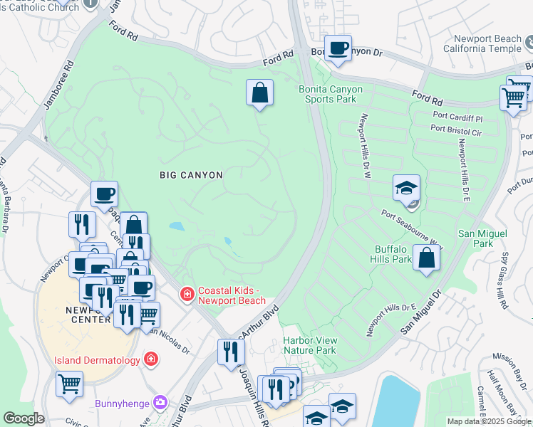 map of restaurants, bars, coffee shops, grocery stores, and more near 29 Augusta Lane in Newport Beach