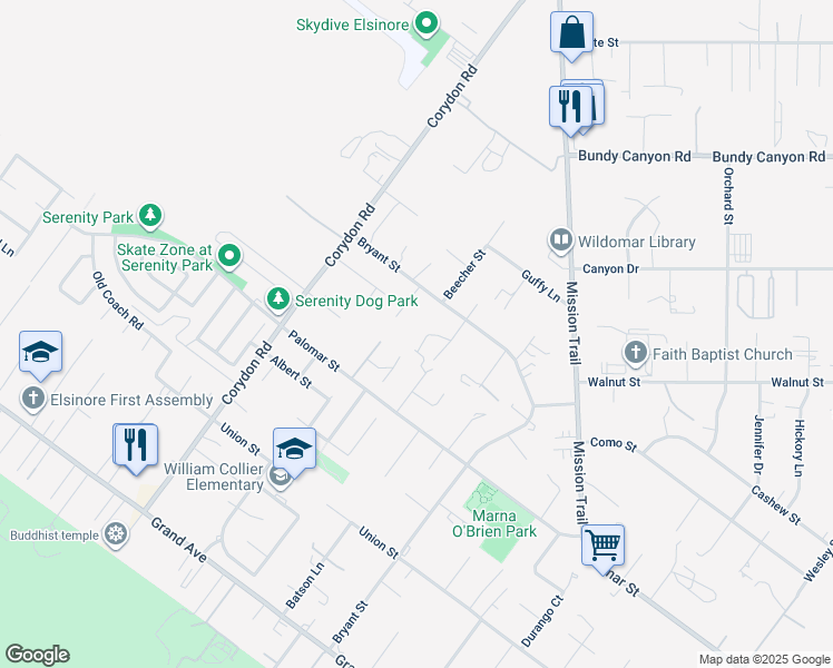 map of restaurants, bars, coffee shops, grocery stores, and more near 32370 Hallie Street in Wildomar