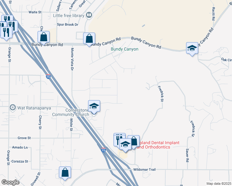 map of restaurants, bars, coffee shops, grocery stores, and more near 34344 Quail Creek Lane in Wildomar