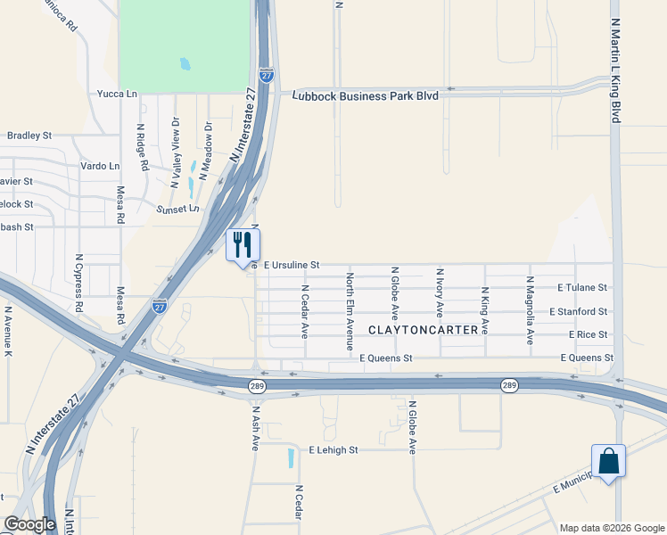 map of restaurants, bars, coffee shops, grocery stores, and more near 316 East Ursuline Street in Lubbock