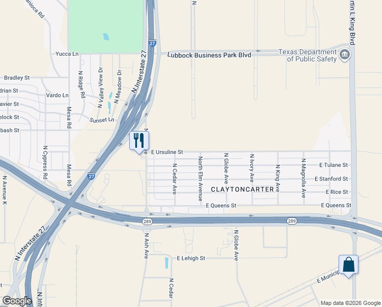 map of restaurants, bars, coffee shops, grocery stores, and more near 316 East Ursuline Street in Lubbock