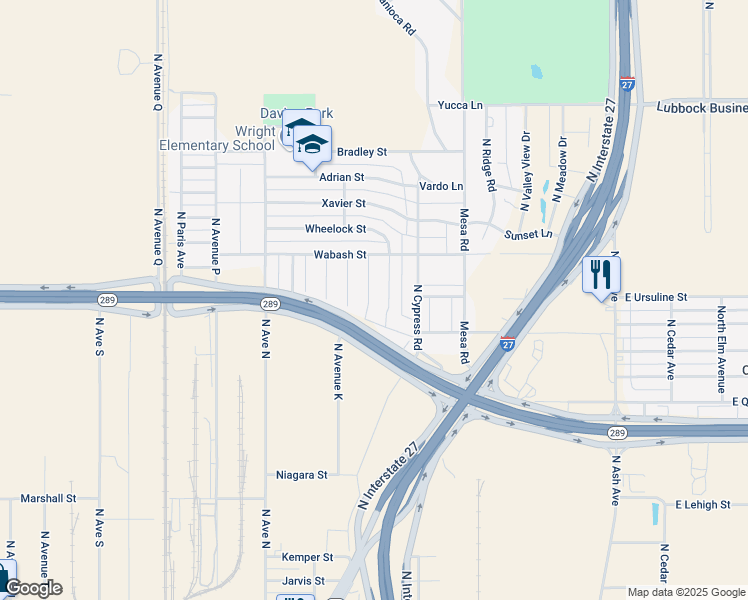 map of restaurants, bars, coffee shops, grocery stores, and more near Texas 289 Loop Frontage Road in Lubbock