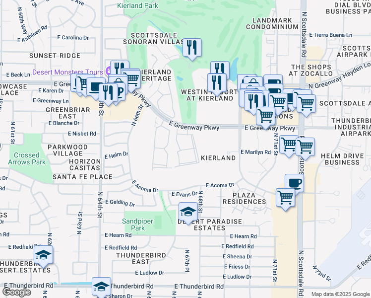 map of restaurants, bars, coffee shops, grocery stores, and more near 6735 East Greenway Parkway in Scottsdale