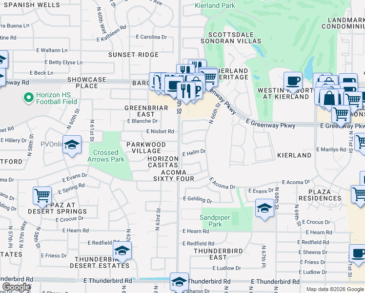 map of restaurants, bars, coffee shops, grocery stores, and more near 6426 East Helm Drive in Scottsdale