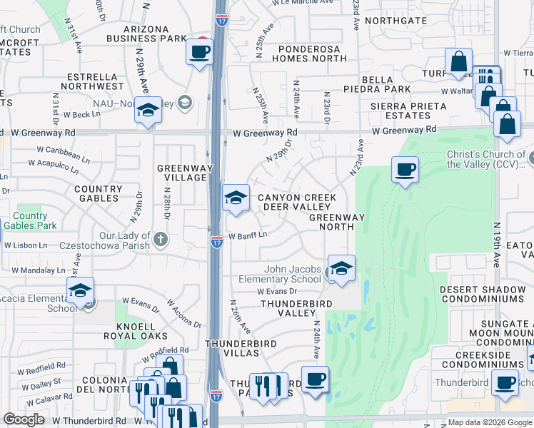 map of restaurants, bars, coffee shops, grocery stores, and more near 14814 North 24th Drive in Phoenix