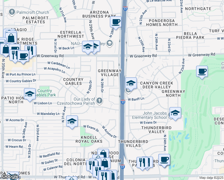 map of restaurants, bars, coffee shops, grocery stores, and more near 14830 North Black Canyon Highway in Phoenix