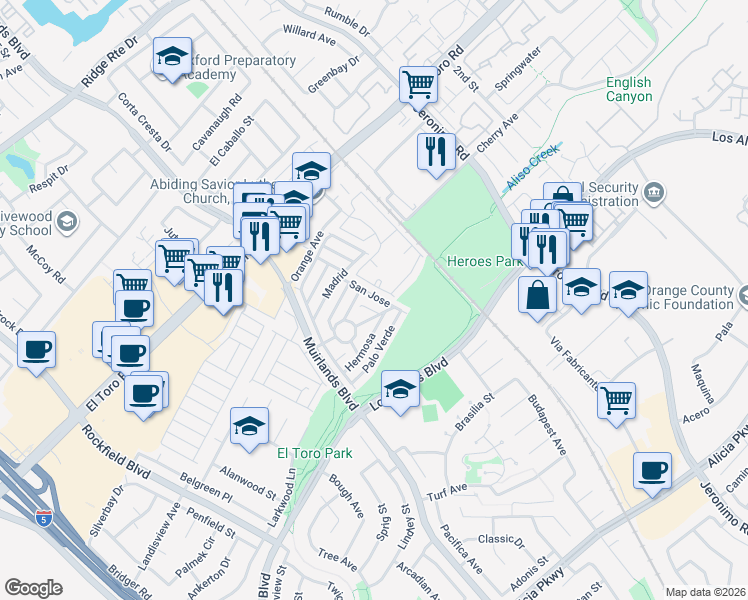 map of restaurants, bars, coffee shops, grocery stores, and more near 24921 Muirlands Boulevard in Lake Forest