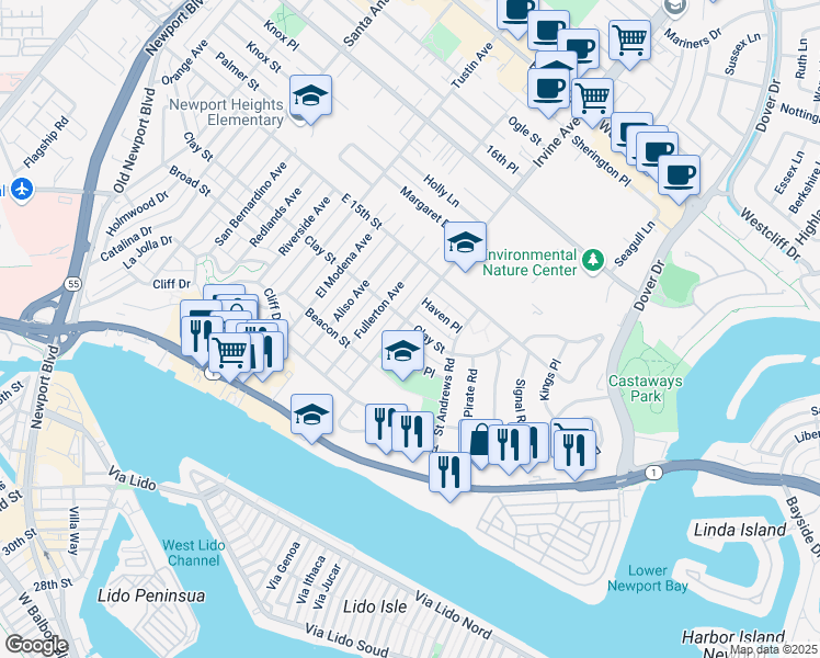 map of restaurants, bars, coffee shops, grocery stores, and more near 1804 Clay Street in Newport Beach