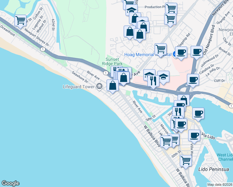 map of restaurants, bars, coffee shops, grocery stores, and more near 125 45th Street in Newport Beach