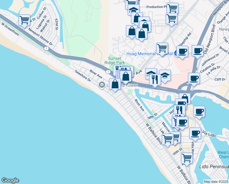 map of restaurants, bars, coffee shops, grocery stores, and more near 125 45th Street in Newport Beach