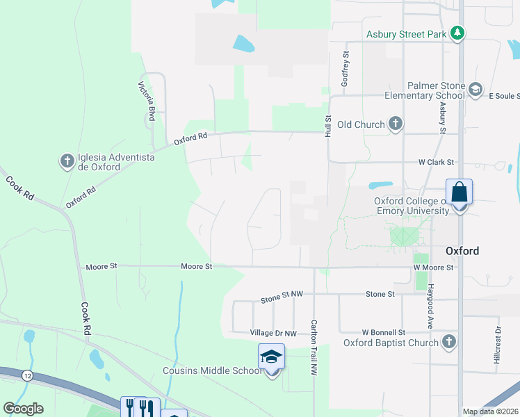 map of restaurants, bars, coffee shops, grocery stores, and more near 143 Longstreet Circle in Oxford