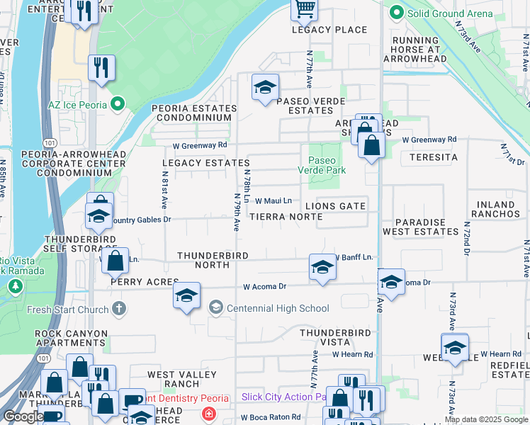 map of restaurants, bars, coffee shops, grocery stores, and more near 7832 West Country Gables Drive in Peoria