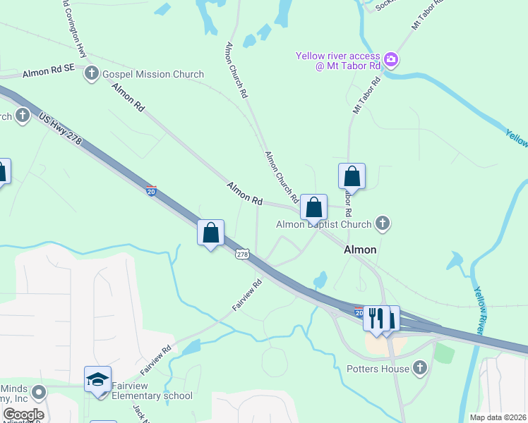 map of restaurants, bars, coffee shops, grocery stores, and more near 361 Almon Road in Covington