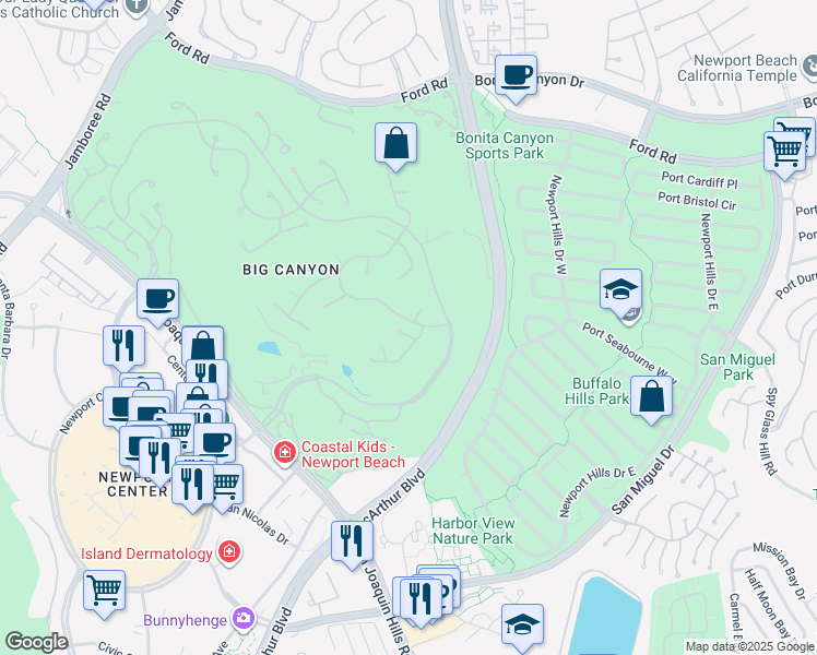 map of restaurants, bars, coffee shops, grocery stores, and more near 29 Augusta Lane in Newport Beach