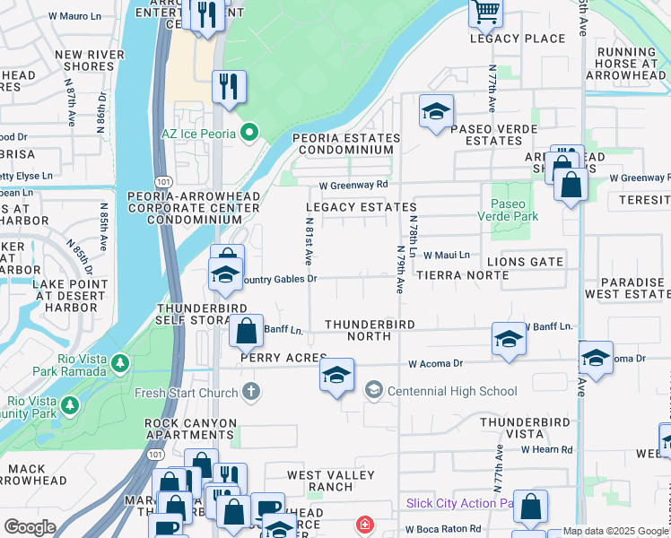 map of restaurants, bars, coffee shops, grocery stores, and more near 8010 West Country Gables Drive in Peoria