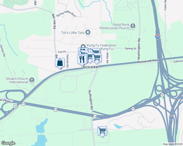 map of restaurants, bars, coffee shops, grocery stores, and more near 3424 Old Fairburn Road in College Park