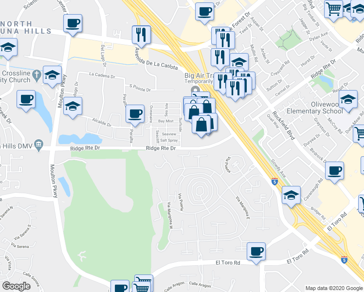 map of restaurants, bars, coffee shops, grocery stores, and more near 237 Surfside in Laguna Hills