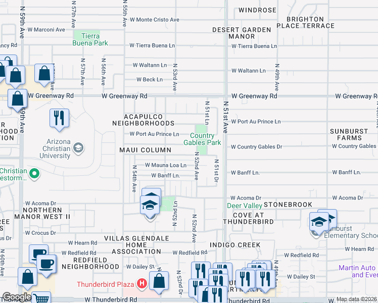 map of restaurants, bars, coffee shops, grocery stores, and more near 5212 West Country Gables Drive in Glendale