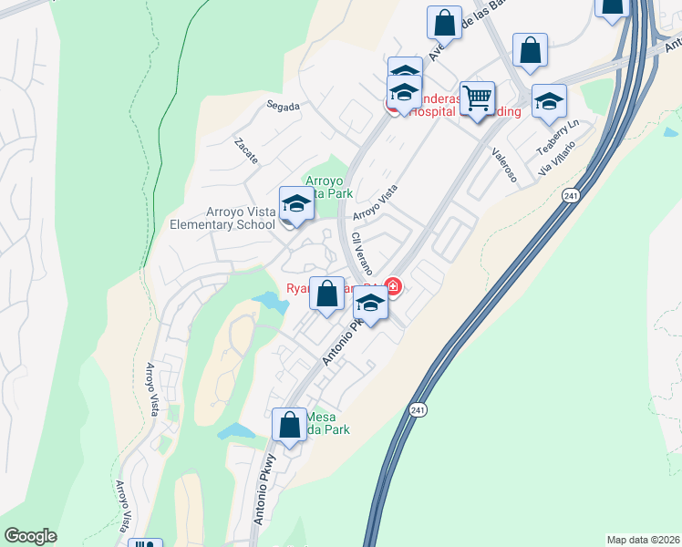 map of restaurants, bars, coffee shops, grocery stores, and more near 73 Vía Ermitas in Rancho Santa Margarita