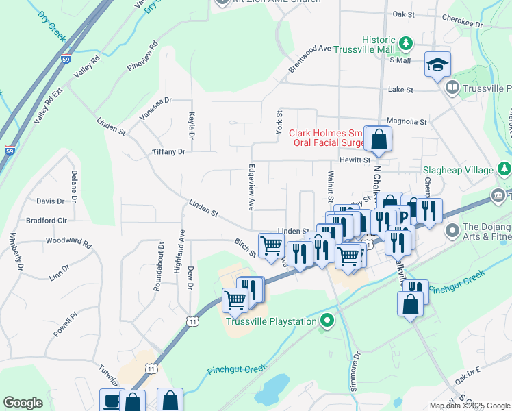 map of restaurants, bars, coffee shops, grocery stores, and more near 516 Linden Street in Trussville