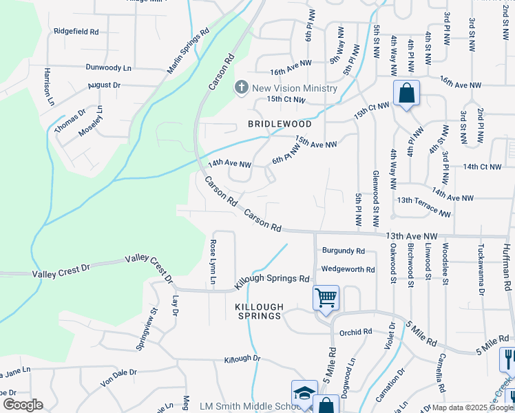 map of restaurants, bars, coffee shops, grocery stores, and more near 1401 Carson Road Northwest in Birmingham